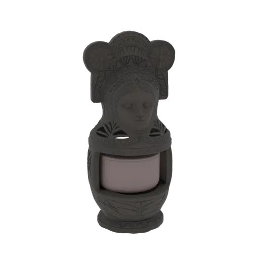 3D model of a dark gray Matryoshka doll candle holder with intricate carvings and a candle inside.