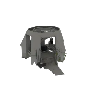 3D model of a futuristic sci-fi habitation module with an octagonal design, interior details, and a prominent staircase.