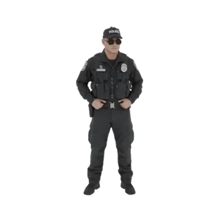 3D model of a male police officer standing with hands on hips, wearing a tactical vest, sunglasses, and a police cap.