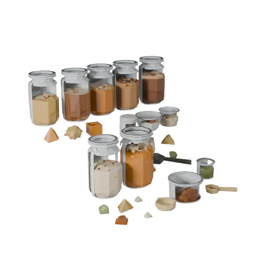 Baking Spice Jars Low Poly 3D model, game viewport three-quarter view, showing powders, small ingredient shapes.