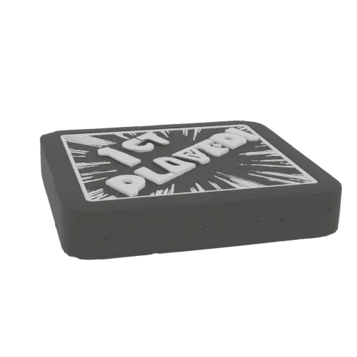 3D model of a retro game cartridge with '1ST PLAYER' text and a white burst graphic on a dark gray base.