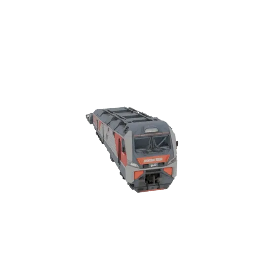 3D model of a red and grey Russian electric locomotive 'Lastochka' with a sleek, modern design, shown from a three-quarter fr
