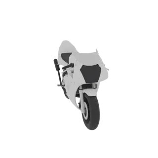 A 3D model of a white sportbike motorcycle, viewed from a slightly low front-right angle against a white background.