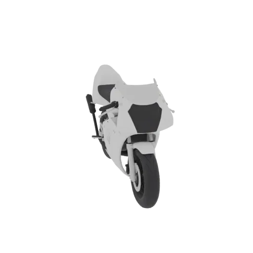 Un modello 3D di una moto sportiva bianca, visto da un'angolazione leggermente bassa frontale-destra su uno sfondo bianco.