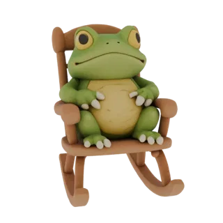 3D model of a stylized green frog sitting in a wooden rocking chair, with big yellow eyes and a relaxed pose.