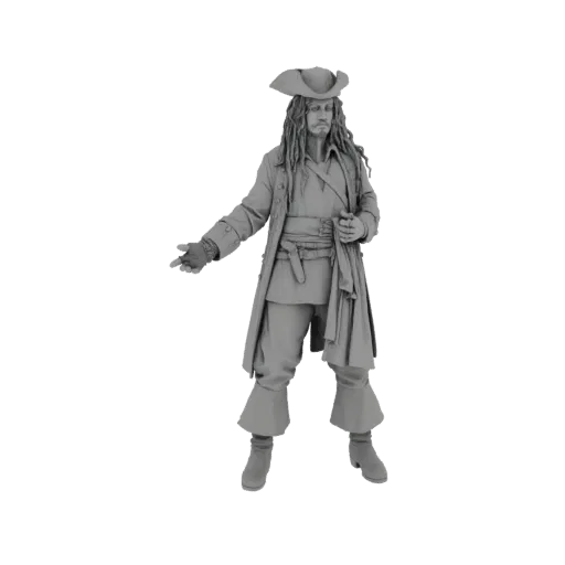 Modello 3D di un capitano pirata con cappello tricorno, lungo cappotto e mano tesa, presentato in una finitura grigio neutro.