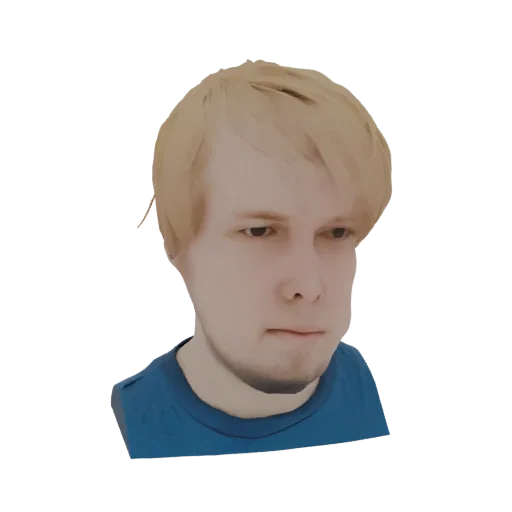 3D model render of a young man with blonde hair and a blue t-shirt, facing slightly to the side.