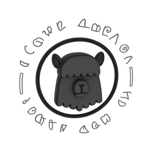 Una renderización 3D de una cabeza de alpaca estilizada, gris oscuro, dentro de un borde circular negro, con texto alrededor.