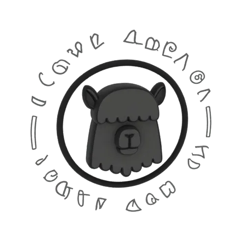 Una renderización 3D de una cabeza de alpaca estilizada, gris oscuro, dentro de un borde circular negro, con texto alrededor.