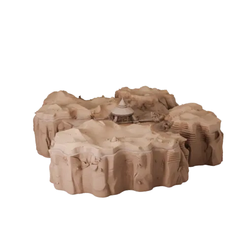 Modello 3D Realistico Terreno Avamposto Desertico, rendering ambientale a tre quarti, che mostra terreno scolpito, creste di