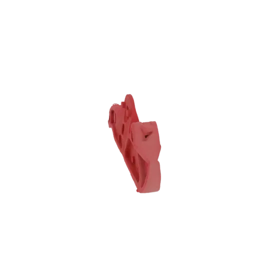 3D render of a red abstract geometric bracket with sharp angles and a matte finish, isolated on a white background.