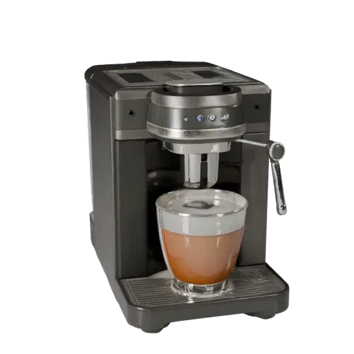 Compact Coffee Machine Realistic 3D model, dining room, three-quarter studio render, plastic detail.
