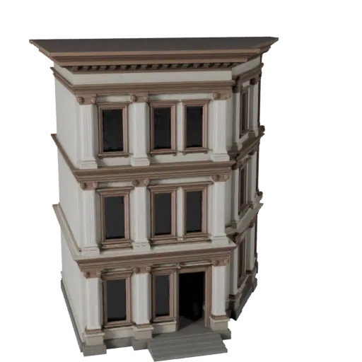 Classical Facade stylized 3D model, isometric stylized game environment view, showing building facade materials and architectural detail