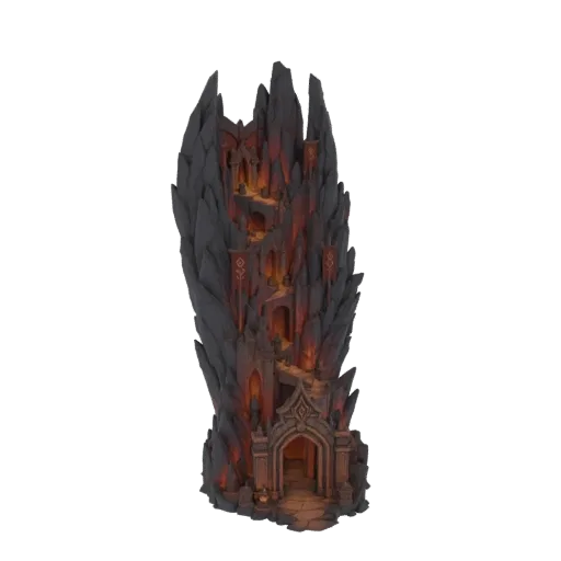 3D model of a dark, jagged spire fortress with glowing orange light emanating from arched entrances and windows, featuring da