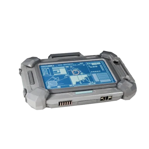 Clean Sci Fi Data Pad Low Poly 3D model, game viewport three-quarter view, showing emissive strips, form detail.