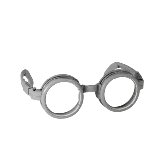 Round Goggles 3D model, three-quarter front view, AR viewer studio render, showing transparent lenses, face-worn scale.