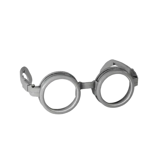 Round Goggles 3D model, three-quarter front view, AR viewer studio render, showing transparent lenses, face-worn scale.