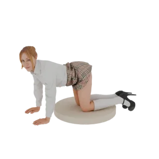 Modelo 3D de chica escolar anime con camisa blanca y falda escocesa, arrodillada a cuatro patas.