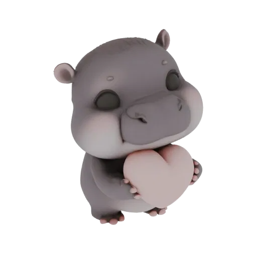 A 3D render of a cute, stylized gray hippo character with closed eyes, holding a pink heart in its front paws.