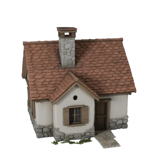 Modello 3D realistico di casetta, vista esterna a tre quarti, che mostra materiali di edifici residenziali e dettagli archite