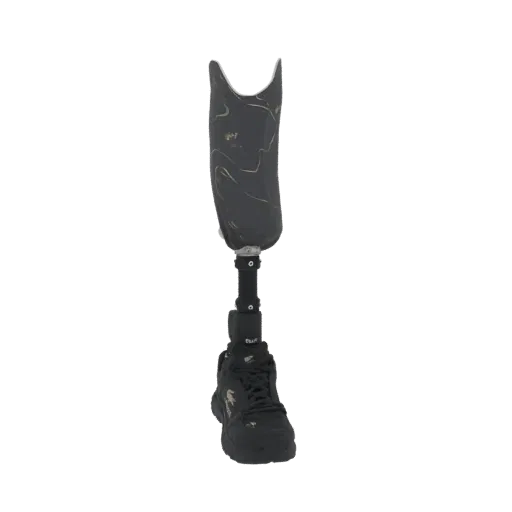 3D model of a prosthetic leg with a dark marble pattern socket and a black athletic sneaker attached to the base.