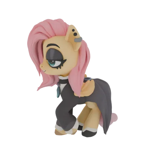مجسم ثلاثي الأبعاد لفلاترشاي من My Little Pony بملابس قوطية، بشعر وردي، مكياج داكن، وفستان أسود متدفق، معروض من الجانب.