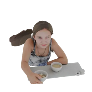 Modello 3D di una bambina con capelli castani, che indossa una canottiera tie-dye, tenendo due piccole ciotole di cibo.