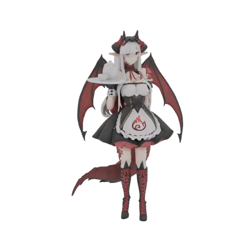 3D model of a dragon maid character with white hair, red eyes, black and red maid outfit, holding a tea tray with a teapot an