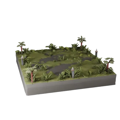 Swamp Ambush Base Realistic 3D model, three-quarter environment render, showing sculpted terrain, mud shelves.