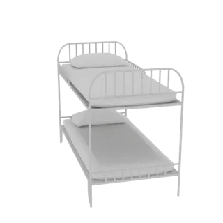 3D render of a white metal bunk bed with two mattresses and pillows, viewed from a slight angle.