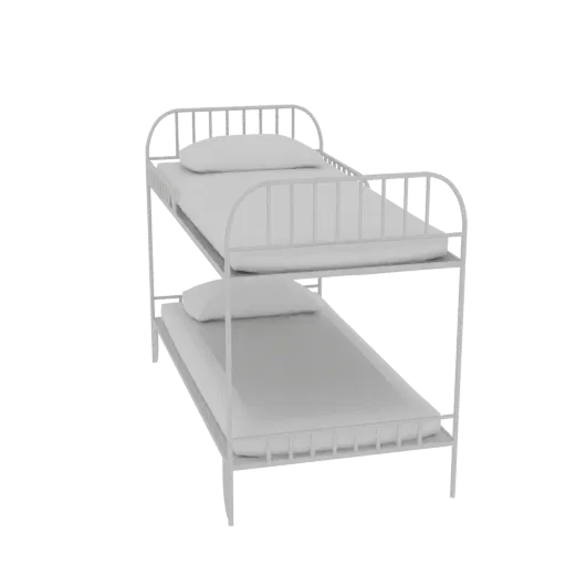 3D render of a white metal bunk bed with two mattresses and pillows, viewed from a slight angle.