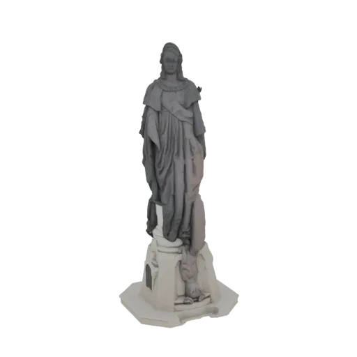 3D model of a classical woman statue with flowing robes, standing on an ornate pedestal, rendered in a stone-like texture.