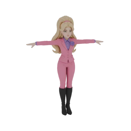 A stylized 3D model of a businesswoman in a pink suit, with blonde hair and black boots, standing in a T-pose.