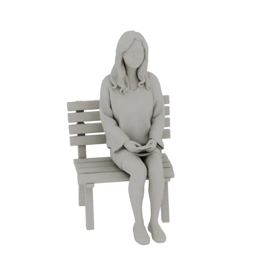 3D model of a young woman with wavy hair, wearing a sweater and shorts, sitting on a slatted wooden bench.