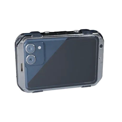 Modelo 3D modular de Smartphone Resistente, vista isométrica de kit modular, mostrando pantallas de vidrio, proporciones de d