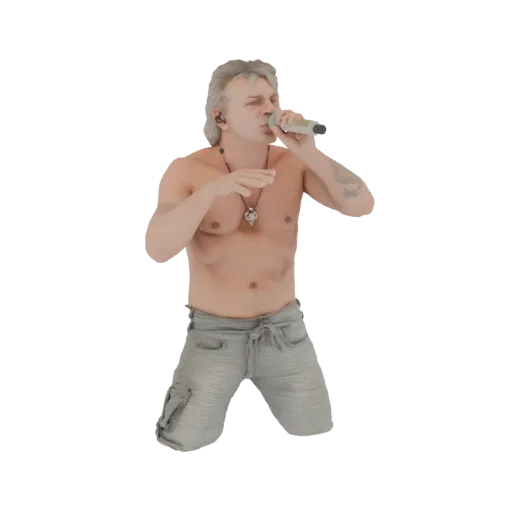 3D model of a shirtless male rock star singer in a dynamic performance pose, holding a microphone.