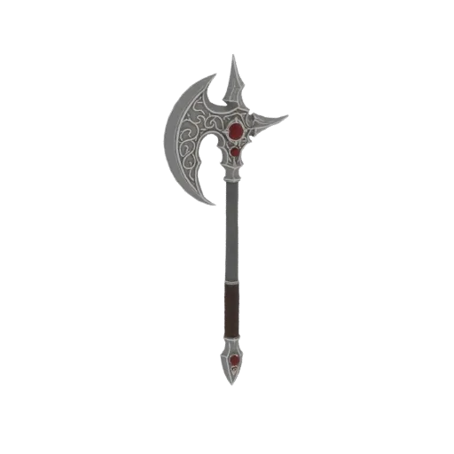 3D render of an ornate fantasy battle axe with a curved blade, intricate scrollwork, and red gem accents on a white backgroun