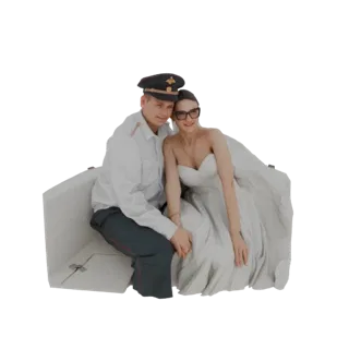 3D-Modell einer Braut in einem weißen Hochzeitskleid und eines Bräutigams in Militäruniform, sitzend und Händchen haltend.