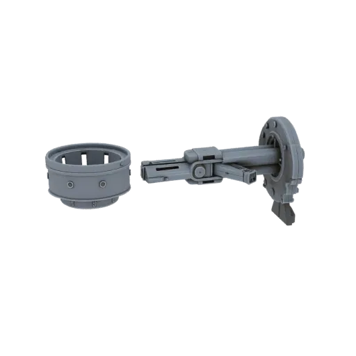 3D Modell eines mechanischen Greifarms mit separatem Ring, grau, auf weißem Hintergrund.
