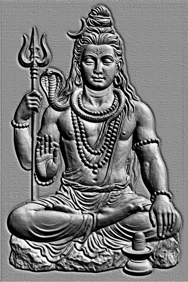 3D model of Shiva bas-relief in lotus pose, holding trident, with snake on neck, on grey background
