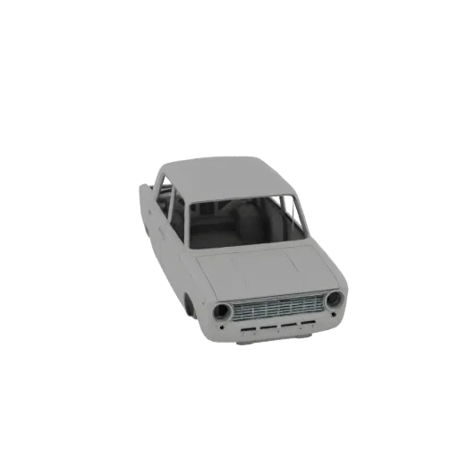 A 3D model render of a classic, untextured gray vintage sedan, viewed from a slightly elevated front-right angle.