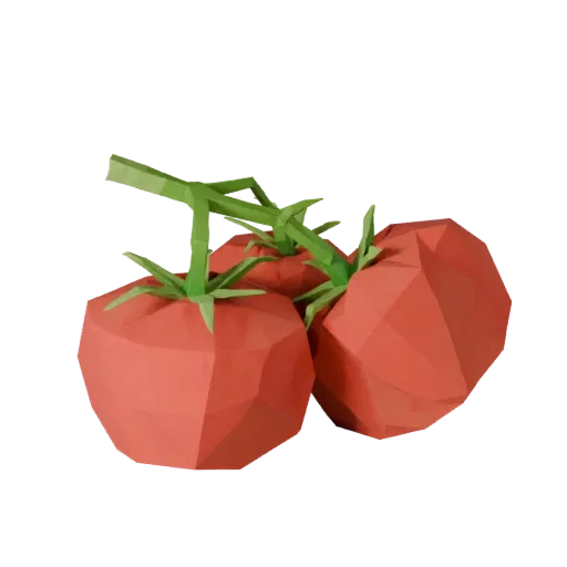 Chopped Tomato Cluster Low Poly 3D model, game viewport three-quarter view, showing leaf veins, form detail.