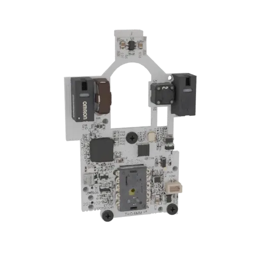 3D model of a computer mouse printed circuit board (PCB) with an Omron switch and other electronic components.