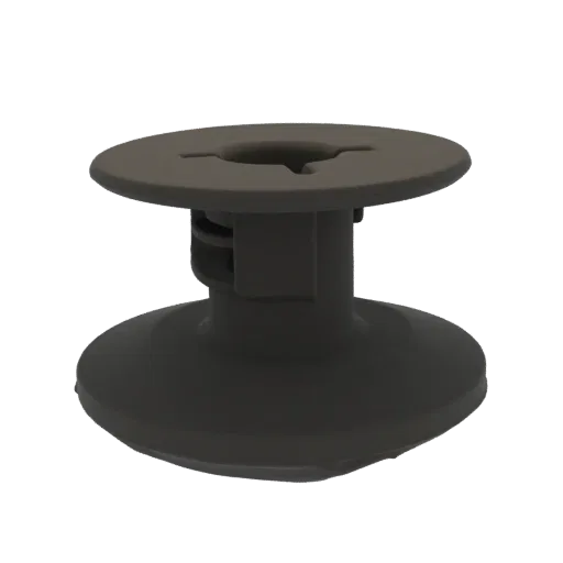 A 3D render of a dark gray fastener clip with a flared base and a central opening at the top.