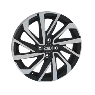 3D model of a black and silver alloy car wheel with ten spokes and a central logo.