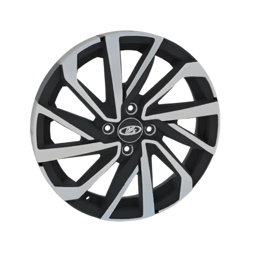 3D model of a black and silver alloy car wheel with ten spokes and a central logo.