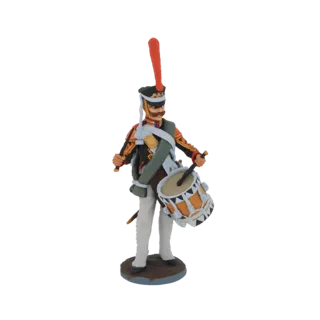 Modelo 3D de figura de tambor napoleónico em uniforme, segurando baquetas e um tambor, sobre fundo branco.
