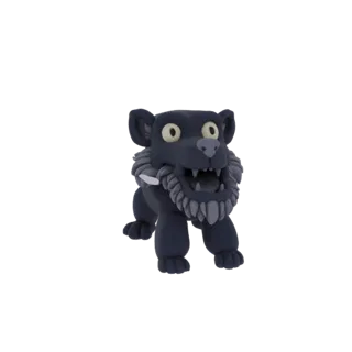 Una representación 3D de un personaje de pantera negra con estilo claymation, con ojos grandes y una amplia sonrisa, sobre un