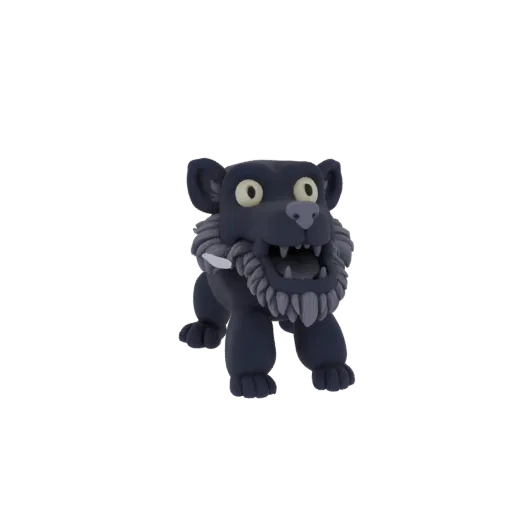 Un rendu 3D d'un personnage de panthère noire dans un style "claymation", avec de grands yeux et un large sourire, sur fond b