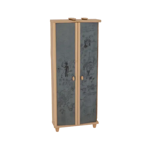 3D model of a light wood wardrobe with dark, detailed graffiti art on its doors, featuring figures and text.